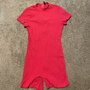 SHEIN Dark Pink Ribbed Short Sleeve Jumpsuit Romper